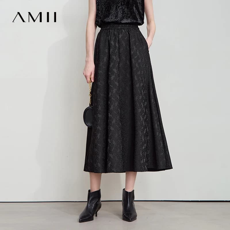 AMII Minimalismo 2025 Autunno Nero A-line Gonna da donna Stile di lusso Pizzo Elegante elastico in vita Offcial Lady Gonne 12523037