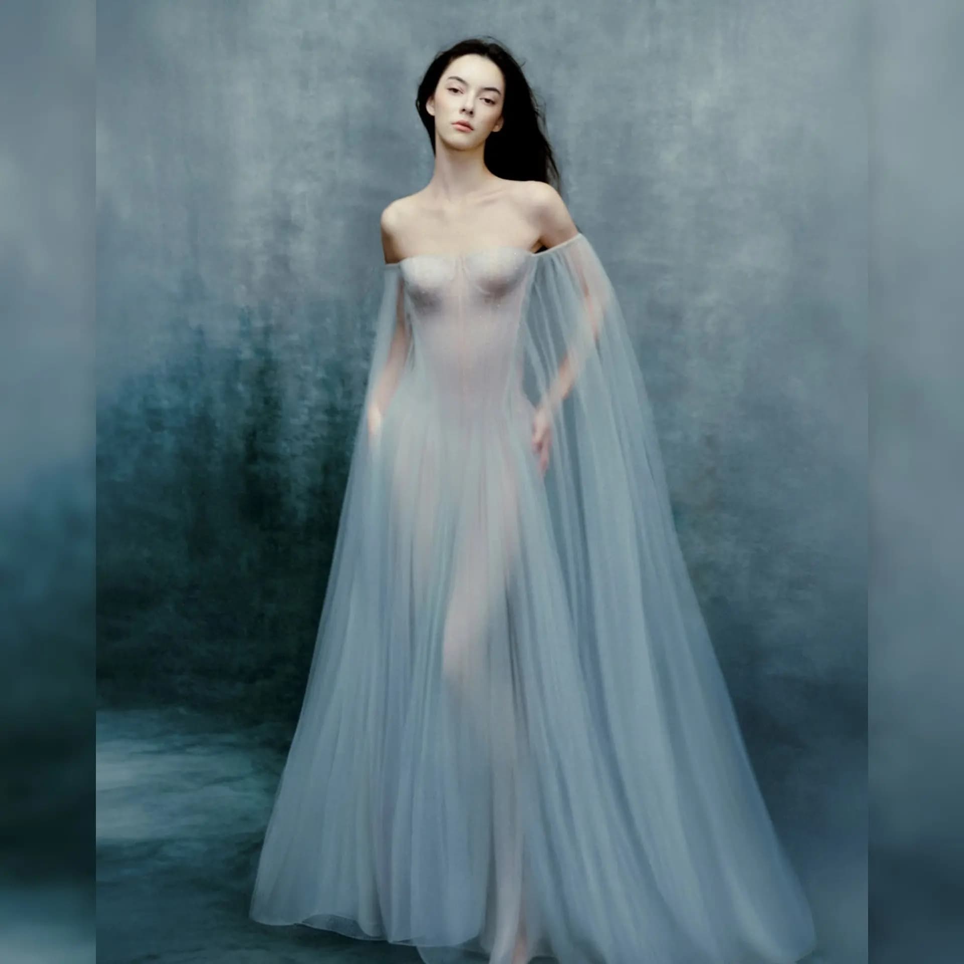 Abito lungo da sera 2026 Fairy con spalle scoperte e maniche lunghe, grigio chiaro e blu, in tulle trasparente, lussuoso per matrimoni e red carpet