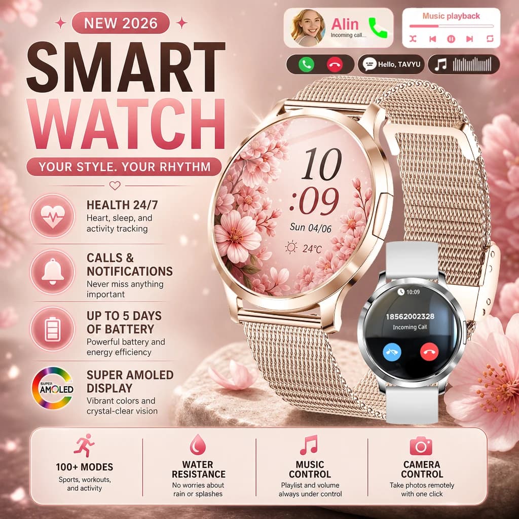 Nuovo Smartwatch Elegante da Donna 2026 con Schermo AMOLED HD, Chiamate Bluetooth, Monitoraggio Salute, Tracker del Sonno, Impermeabile