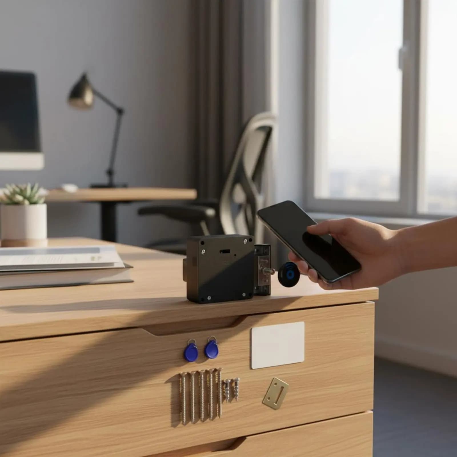 Serratura Intelligente per Armadietti a Montaggio Facile, Controllo tramite APP, Chiusura Senza Contatto, Serratura per Cassetti Senza Chiave con Carta Contactless per Ufficio