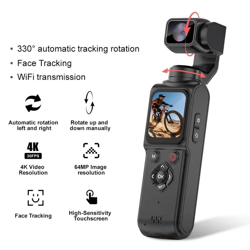 Videocamera d'Azione 4K per Vlog 330 ° Stabilizzatore Gimbal con Tracciamento del Viso, Zoom 18x, Batteria 2400mAh, Schermo Touch da 1,72 Pollici, WiFi, Videocamera Sportiva