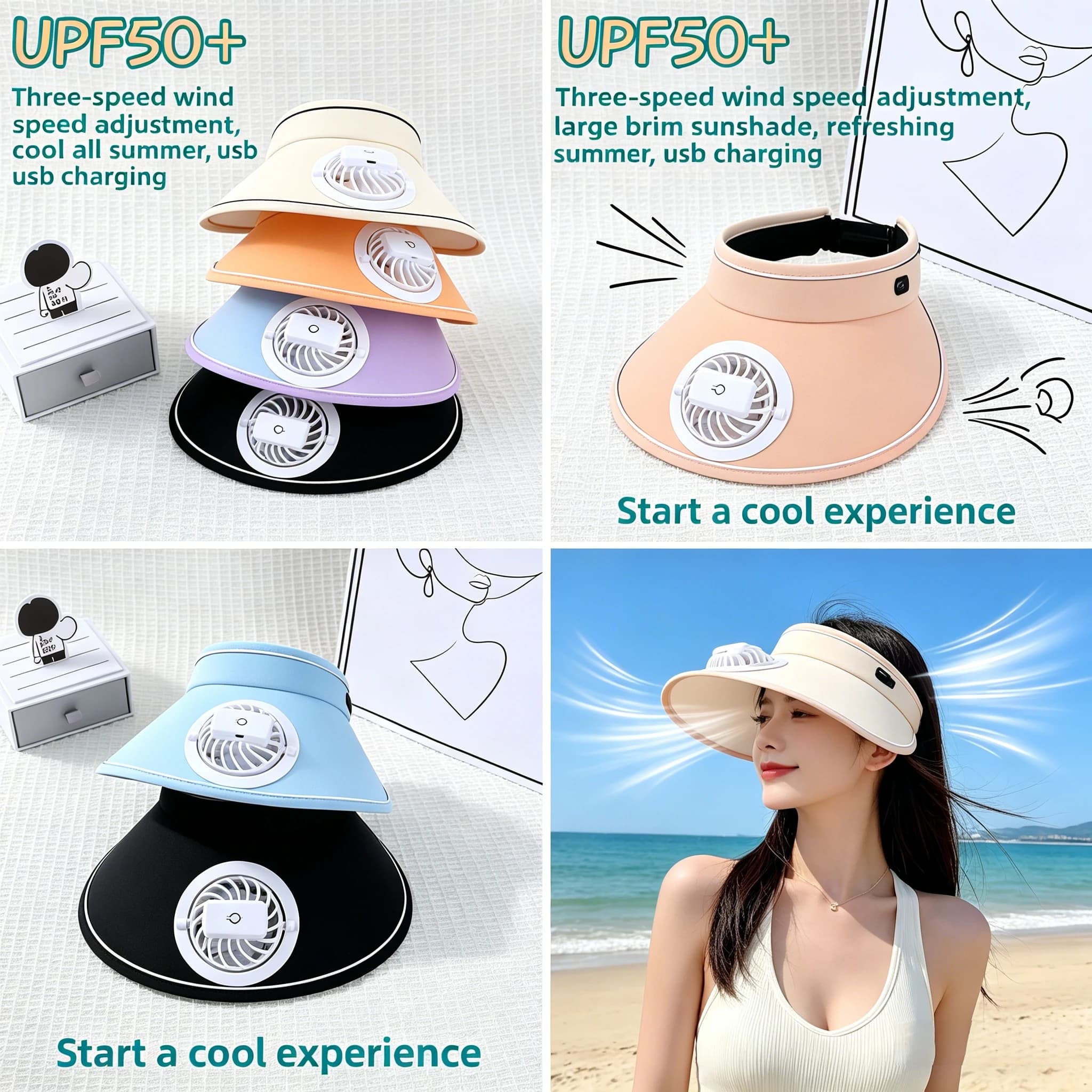 Cappello Parasole alla Moda per Esterni con Ventola USB Ricaricabile e Visiera Larga per Uomo e Donna