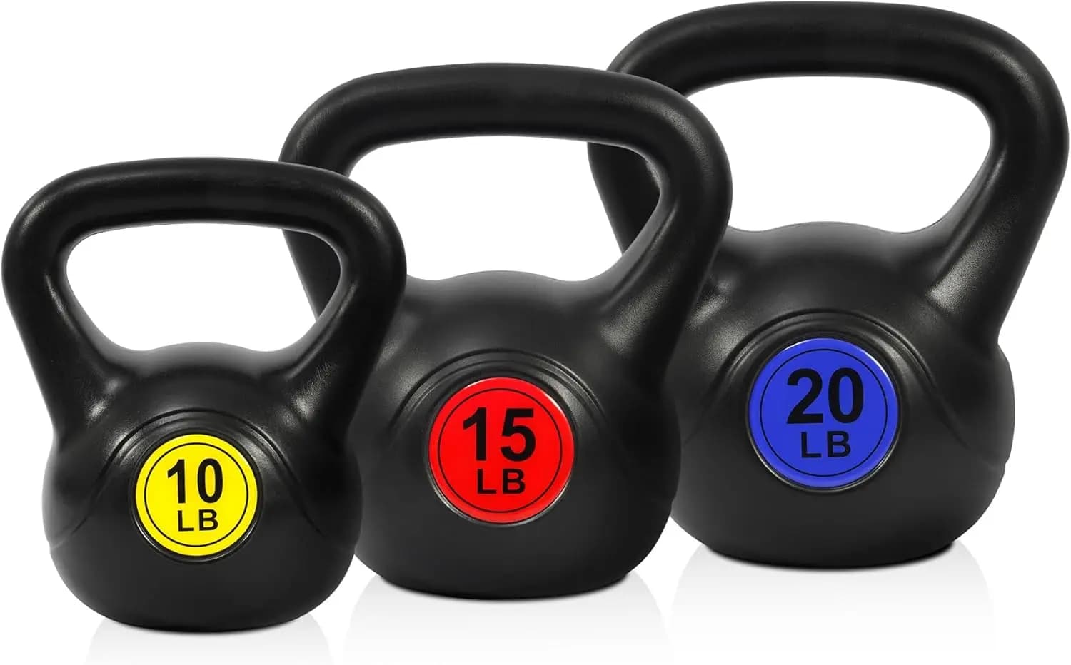Kettlebell set of 3 or 4 pieces with wide handle, includes weights of 5 pounds, 10 pounds, 15 pounds, 20 pounds for home fitness