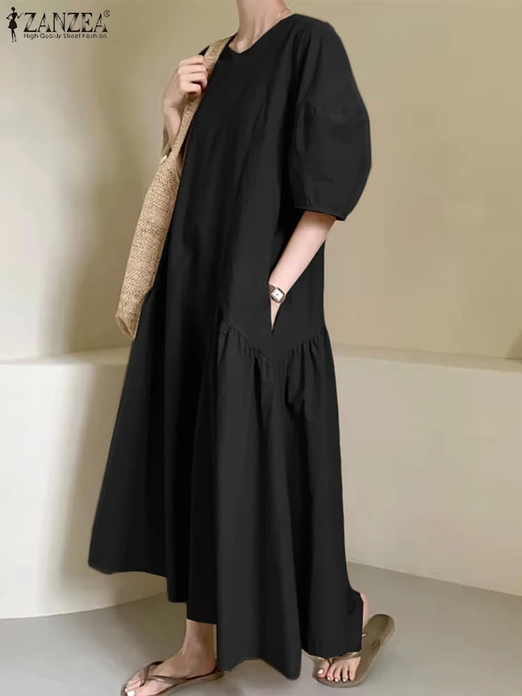 ZANZEA Fashion Women Dresses 2025 Autumn Solid Loose Dress Elegant 3/4 Lantern Sleeve Work Vestidos Robe Femme Summer Sundress