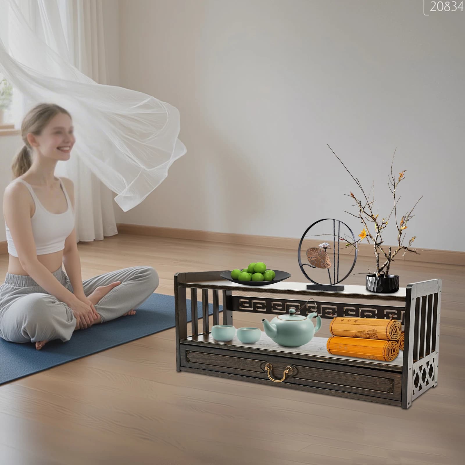 2-level Chinese-style object table, 69x25x28 cm, walnut, table for meditation with drawer, desk organizer shelf, maximum load 25 kg