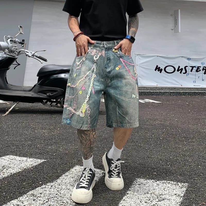 Y2k summer men's jeans shorts American Street wide leg trousers straight to five-quarter wide leg shorts printed with washed graffiti
