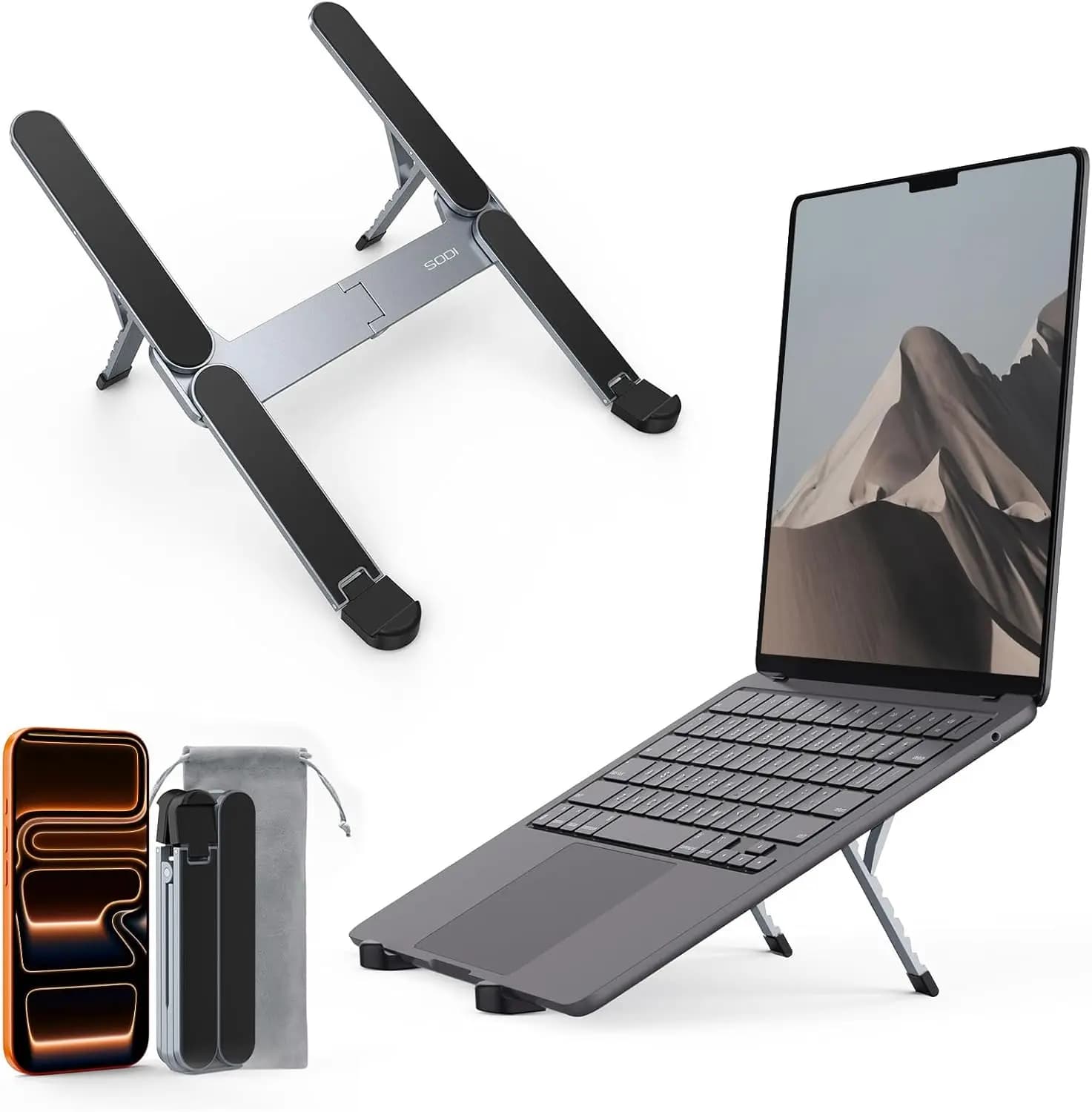 Supporto per Laptop Ultra Compatto e Pieghevole, Regolabile a 6 Livelli di Altezza, Ergonomico in Alluminio per Dispositivi da 10-16 Pollici, Leggero per Viaggi