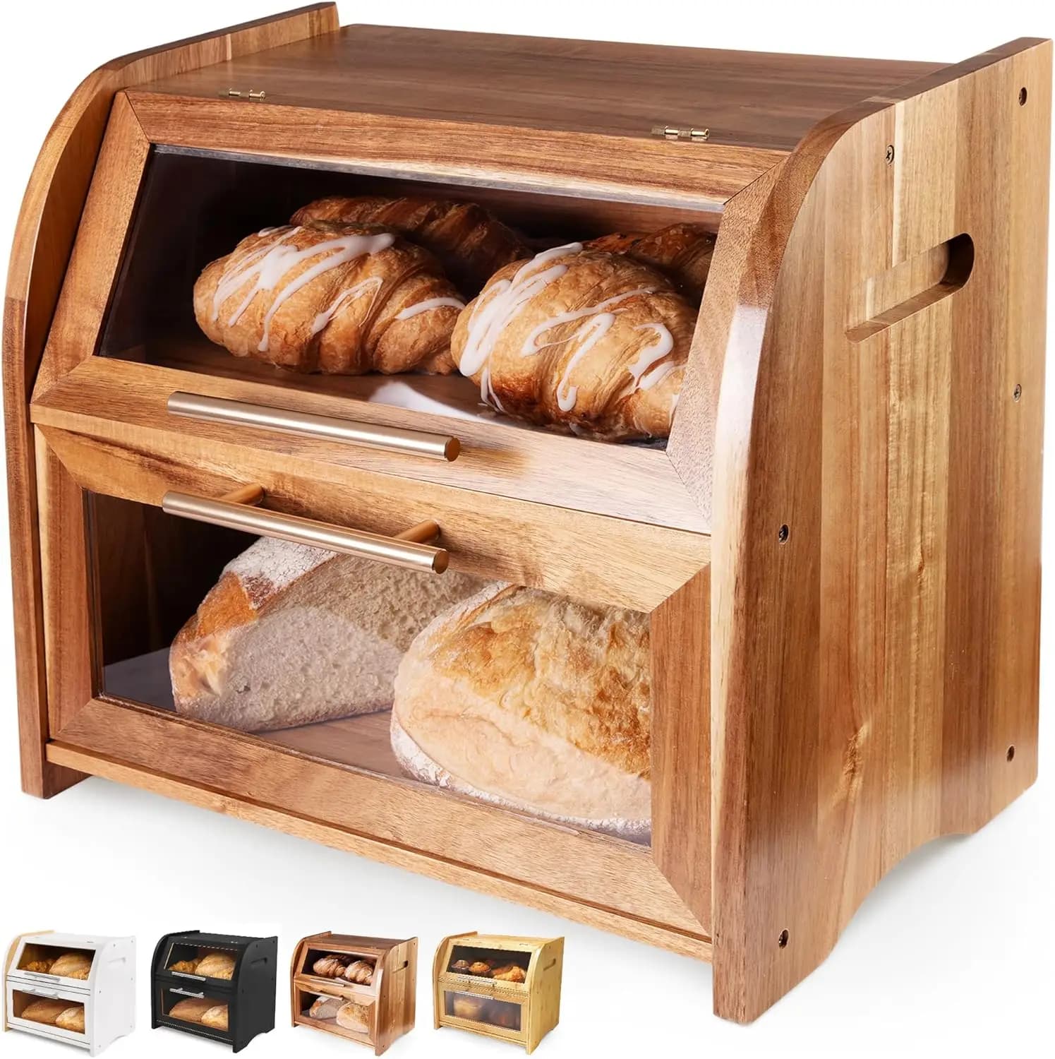 Contenitore per Pane in Legno di Acacia per Piano Cucina, Extra Large a 2 Ripiani con Finestre Trasparenti e Prese d'Aria