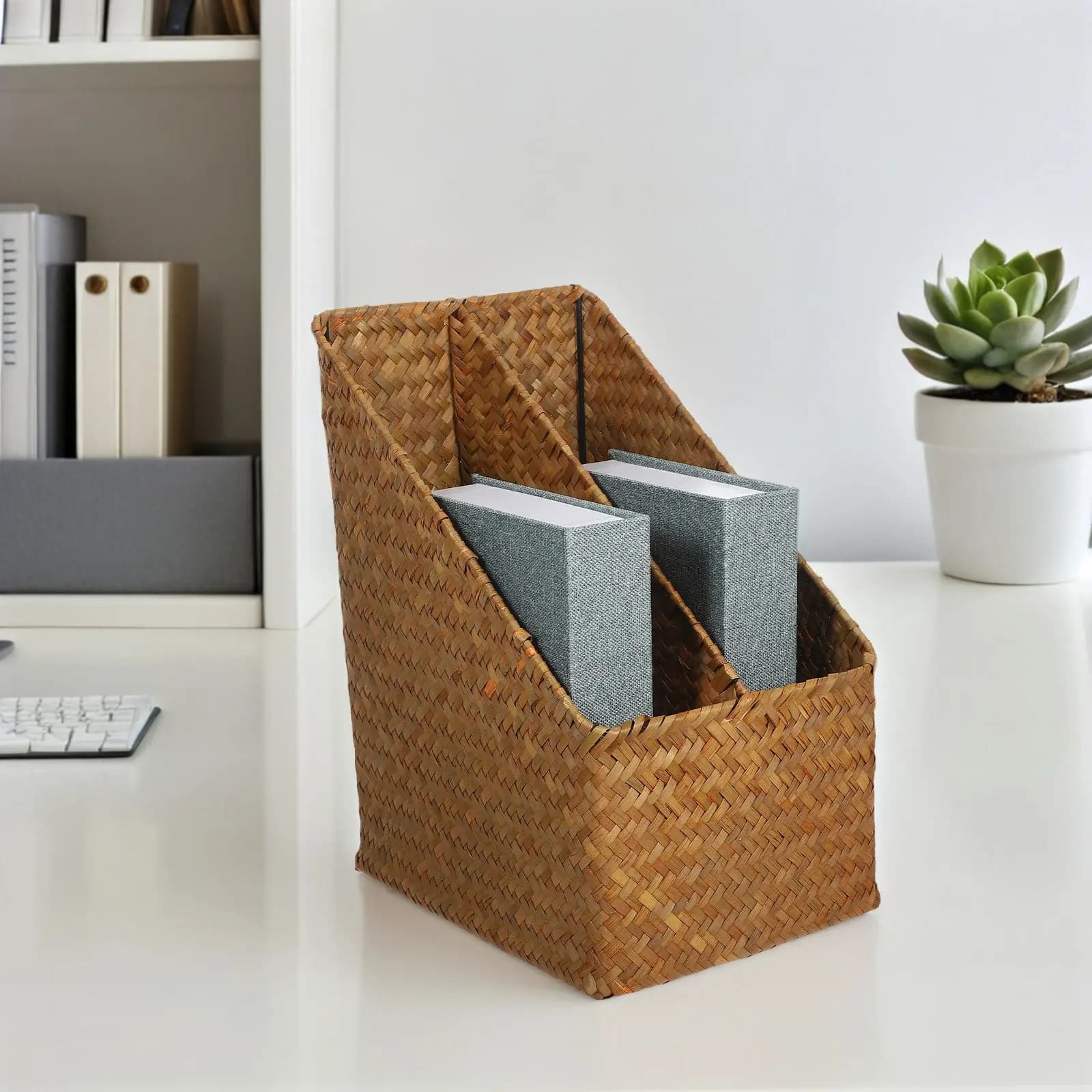 Organizzatore da Scrivania Rustico, Cesto Portaoggetti Intrecciato, Porta Riviste e Libri per Ufficio, Contenitore Espositivo Rustico