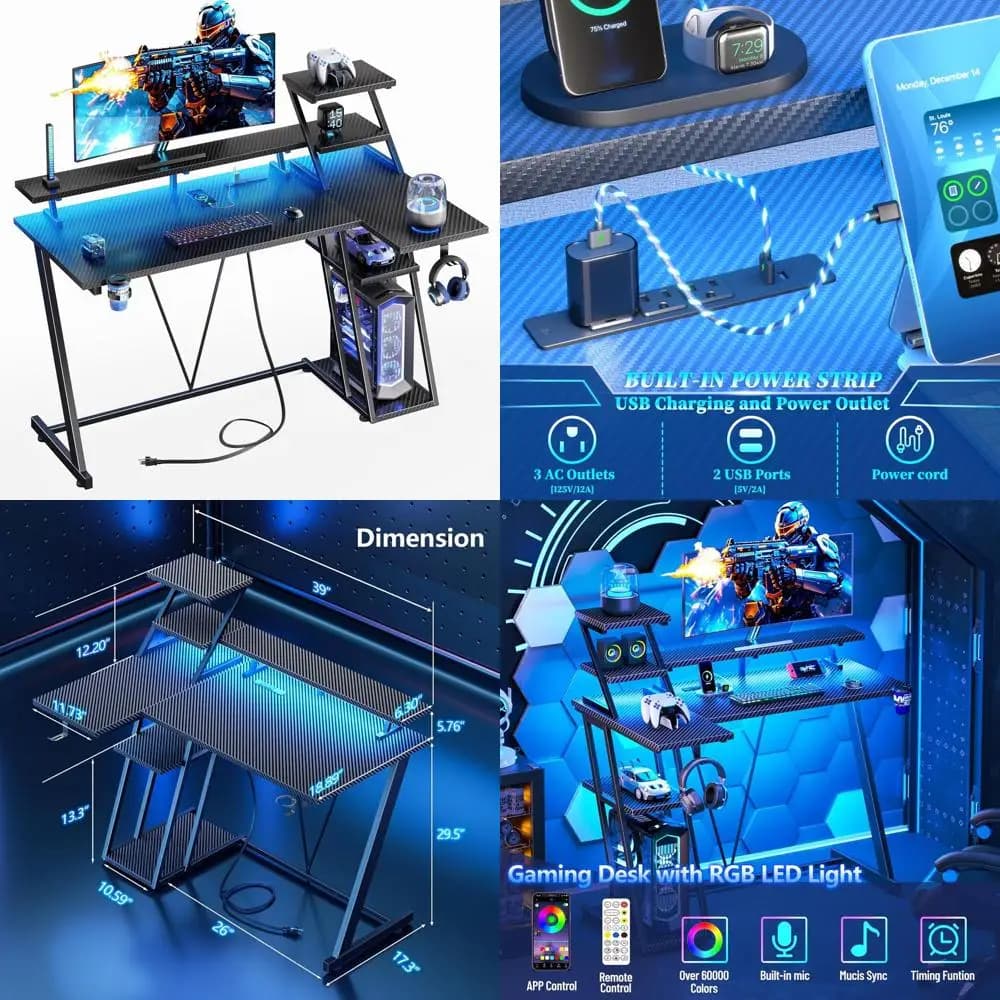 40-inch L Gaming desk with LED and Current socket, Reversible Monitor Holders, Black Carbon Fiber
