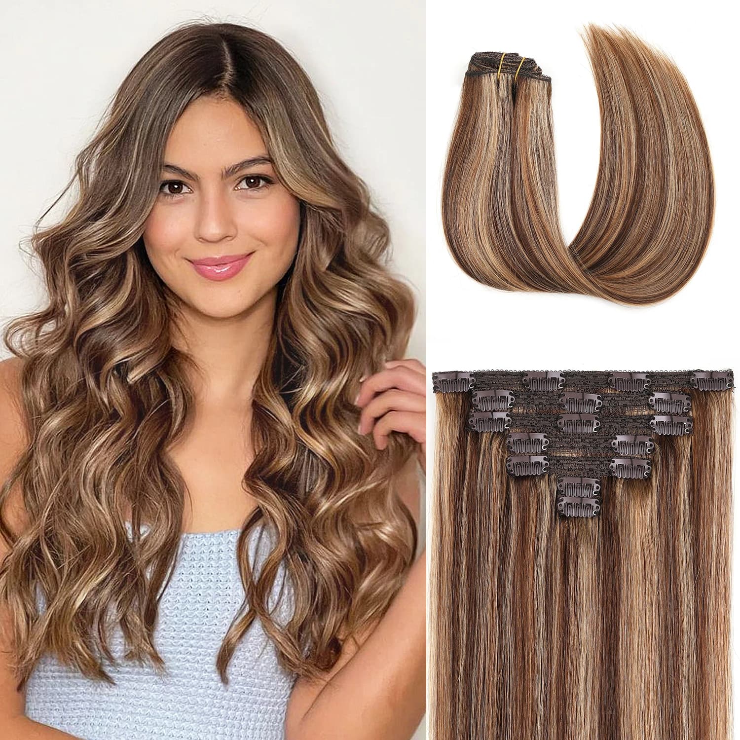 Extensioni di Capelli Veri Remy con Clip, 7 Pezzi, 70g, Doppia Trama, da 4/27 Marrone Cioccolato a Biondo Caramello