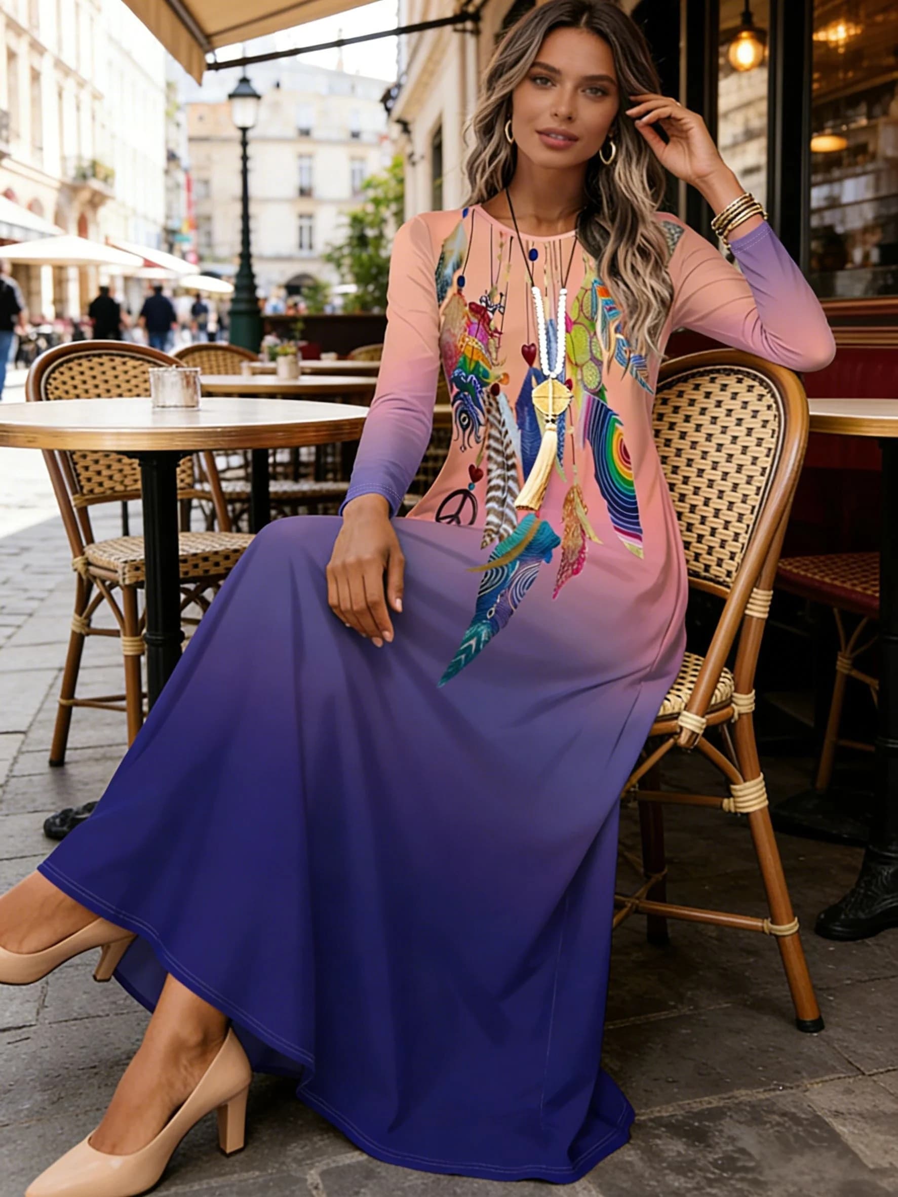 Women's Long Sleeve Dress, Outfit Casual Holiday Summer, Fluid Myd Dress with Belt, Elegant Monocolored Clothing for Office and Party