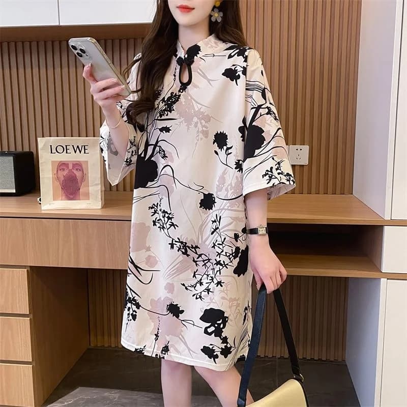New Chinese Style Floral Print Qipao T-Shirt Dress Women's Spring Summer Design Sense Miniature Dress Improved Hanfu