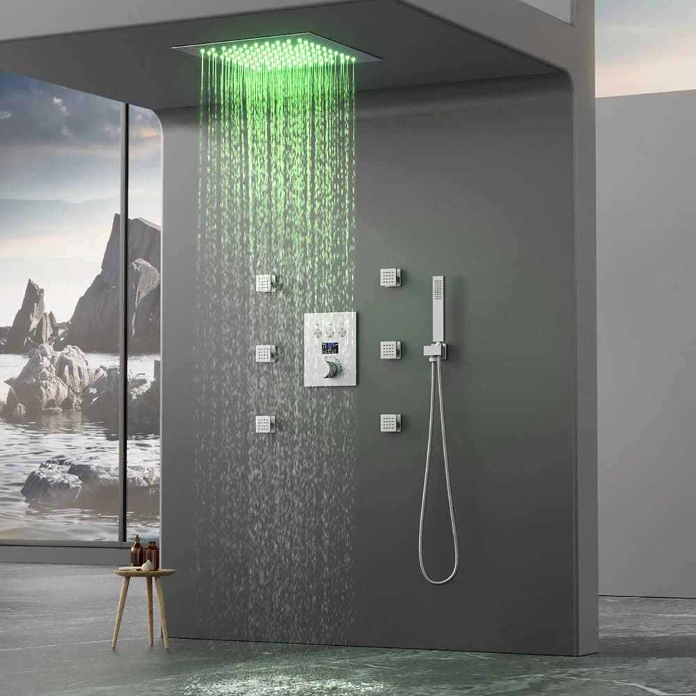 Set Doccia Termostatico a Incasso a Soffitto con LED, Display Digitale, Miscelatore a 3 Funzioni e 6 Getti Corpo