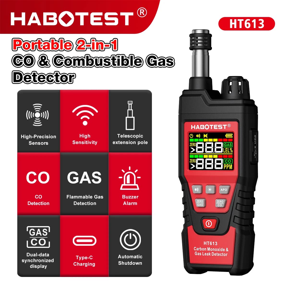 HABOTEST HT613 2in1 Carbon Monoxide Combustible Gas Detector Leak Tester Natural Gas Methane Propane Sniffer with Sound Alarm