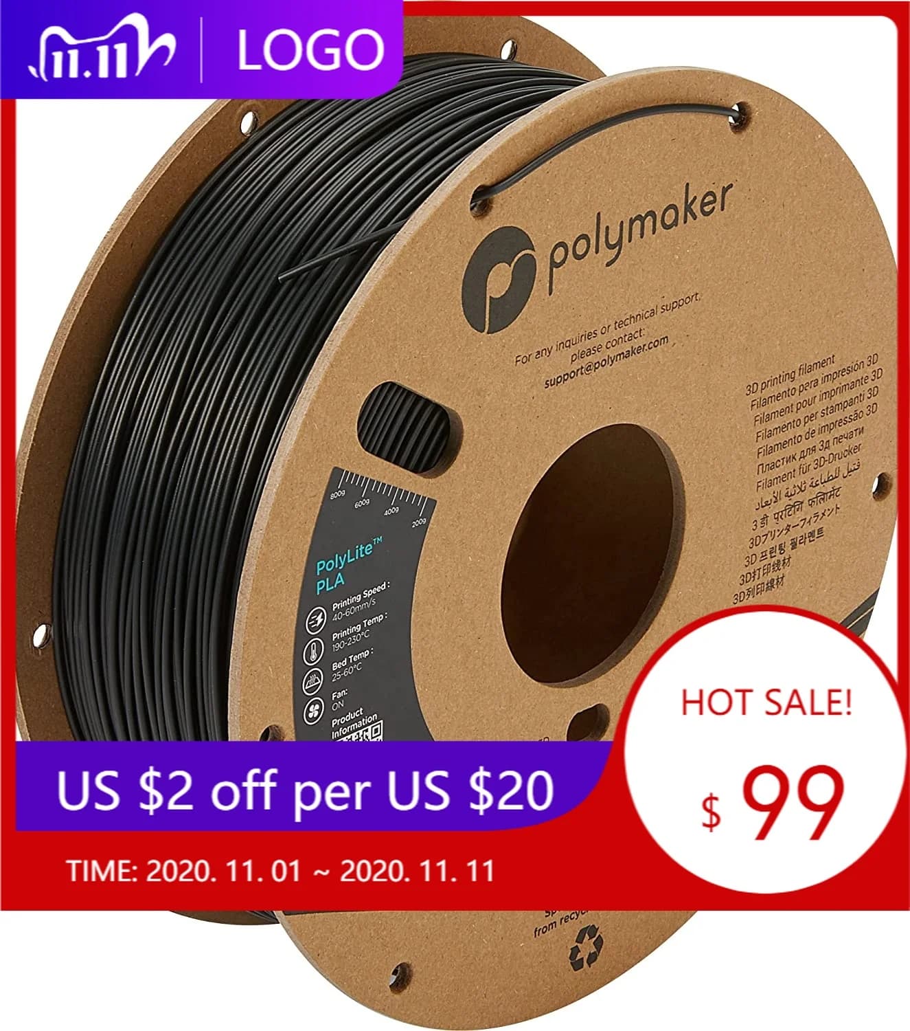 Filamento PLA per Stampante 3D PolyLite di STLFPolymaker, 1.75mm/3mm, 1kg/3kg, Filamento PLA 3D con Glitter Cangiante