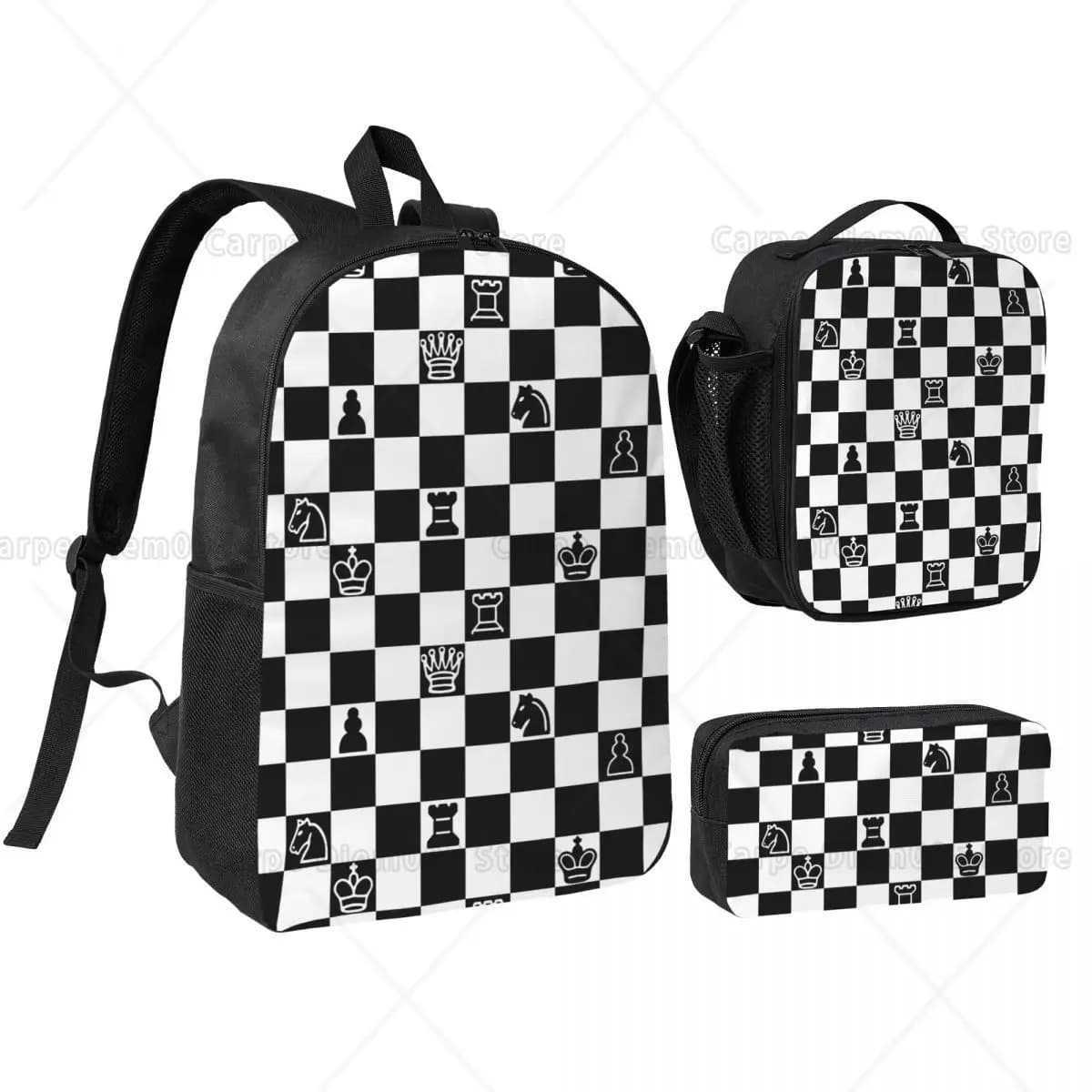 Set di zaini a blocchi in bianco e nero per borse per penne per bambini Set di zaini per scacchiera con scatola per il pranzo Studenti per il ritorno a scuola