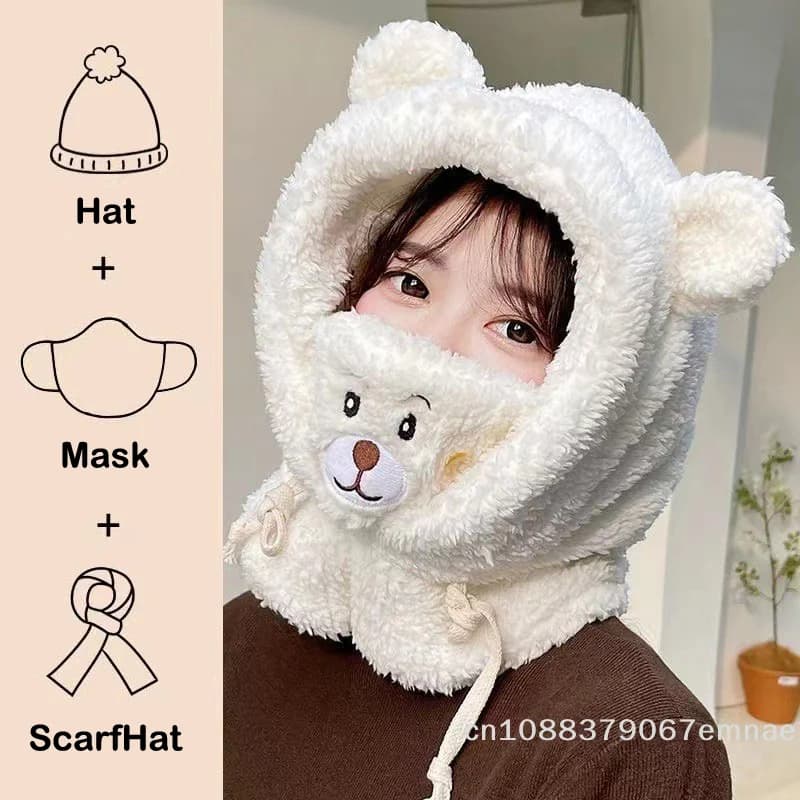 [ZYAS] Cappello Invernale con Maschera a Forma di Orso, Berretto Caldo e Spesso con Protezione per le Orecchie per Donne e Ragazze, Cappello con Sciarpa