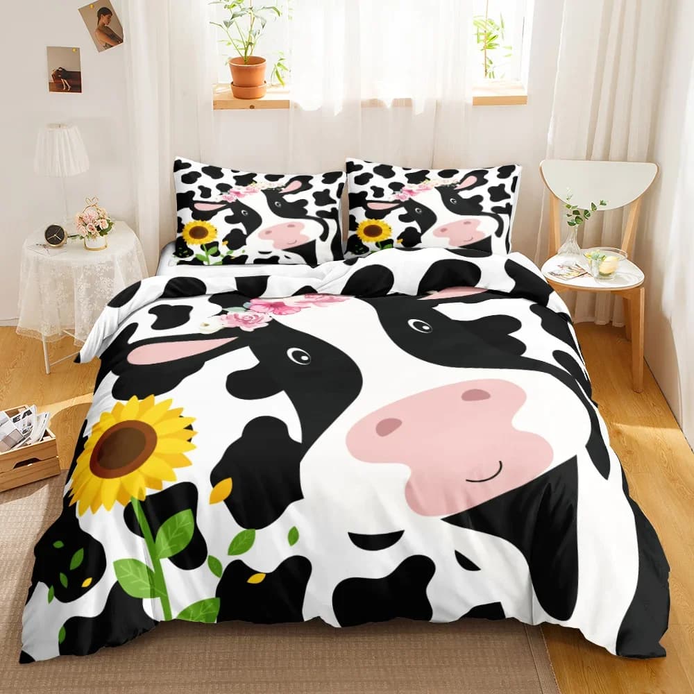 Copripiumino con stampa mucca animale mucca Doodle disegno del fumetto agricoltura allevamento girasole poliestere Set biancheria da letto Twin Queen King Size
