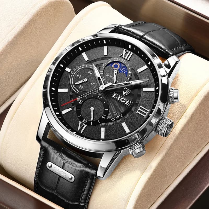 LIGE Men's Watch Leather Open Air Sports Calendar Quartz Watches Men's Raincoat Luminous Phase Lunar Men's Watch Chronograph Watch + Box