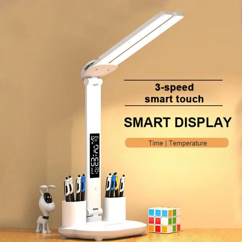 Lampada da tavolo a LED Orologio dimmerabile ricaricabile tramite USB Lampade da scrivania 2 teste 180 Ruota pieghevole Protezione per gli occhi Luci notturne da lettura da tavolo