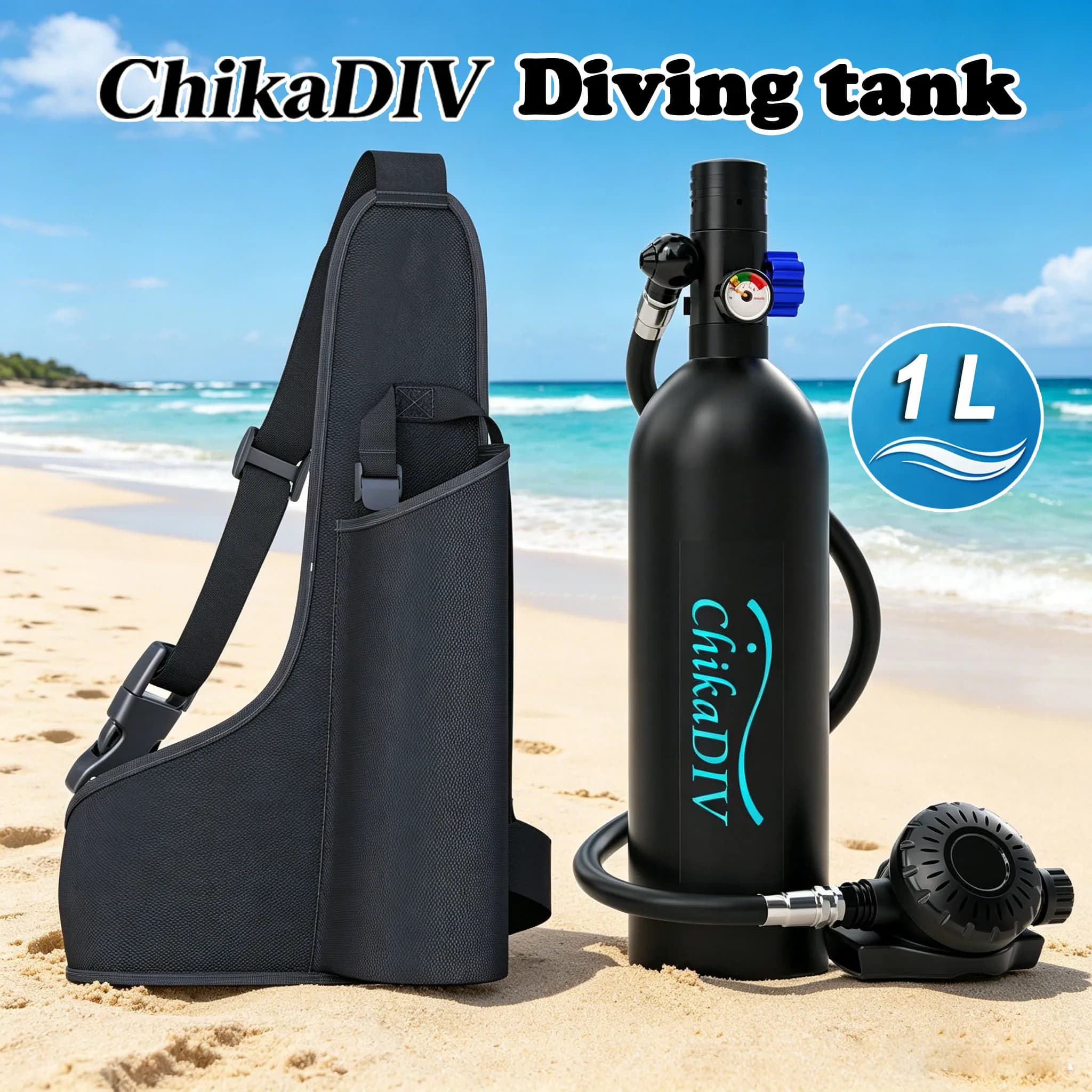 ChikaDIV 1 L Portable Diving Tank, includes a backpack; provides approximately 75 breaths or 15–20 minutes of underwater breathing; ideal for outdoor beach swimming trips; unisex