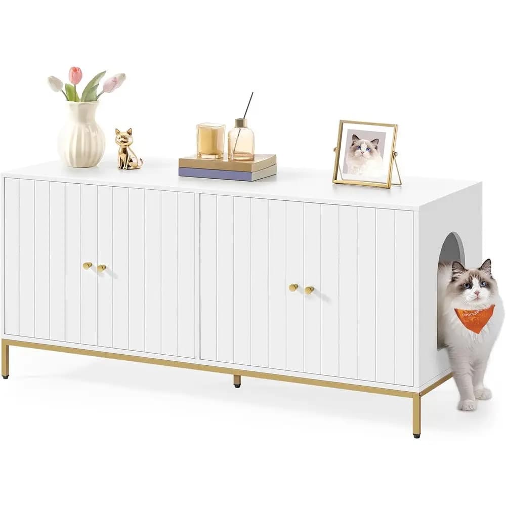 Mobiletto per lettiera doppia per gatti, stile mobile, 47.2, con funzione di bagno per animali domestici, tavolino laterale, porta TV, bianco e pronto all'uso