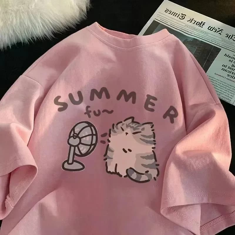 Fan Cat e T-shirt pura da donna per uomo American Street Creative Blow Summer Rilassato manica corta Coppia Wear INS Top