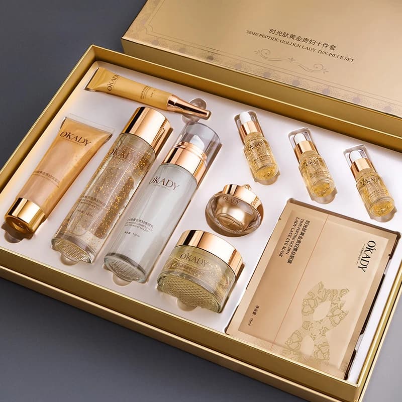 Opei Time Peptide Gold Lady Set da dieci pezzi Kit per la cura della pelle idratante Cosmetici nutrienti e riparanti Illumina il tono della pelle Nutrire la pelle Unisex Adatto per l'idratazione profonda Confezione regalo Essenziale per l'autunno e l'inverno