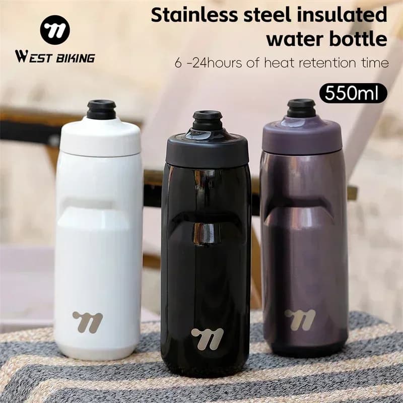 WEST BIKING Bottiglia d'acqua da ciclismo Bottiglia termica in acciaio inossidabile per uso alimentare da 550 ml Bollitore sportivo in metallo Bottiglia isolata per acqua fredda