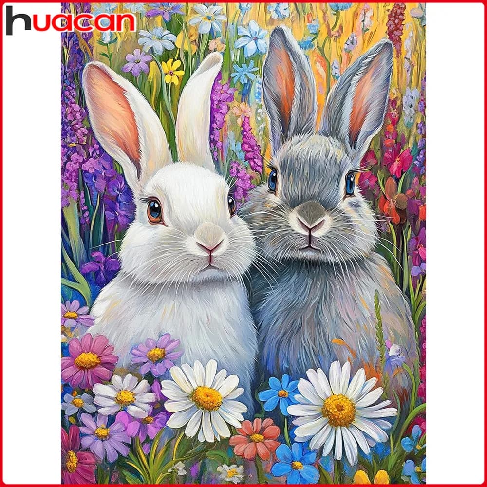 Huacan Kit Completo di Pittura Diamantata con Diamanti Quadrati e Rotondi, Motivo Coniglio e Margherita, Ricamo Diamantato Animale e Floreale, Decorazione per la Casa