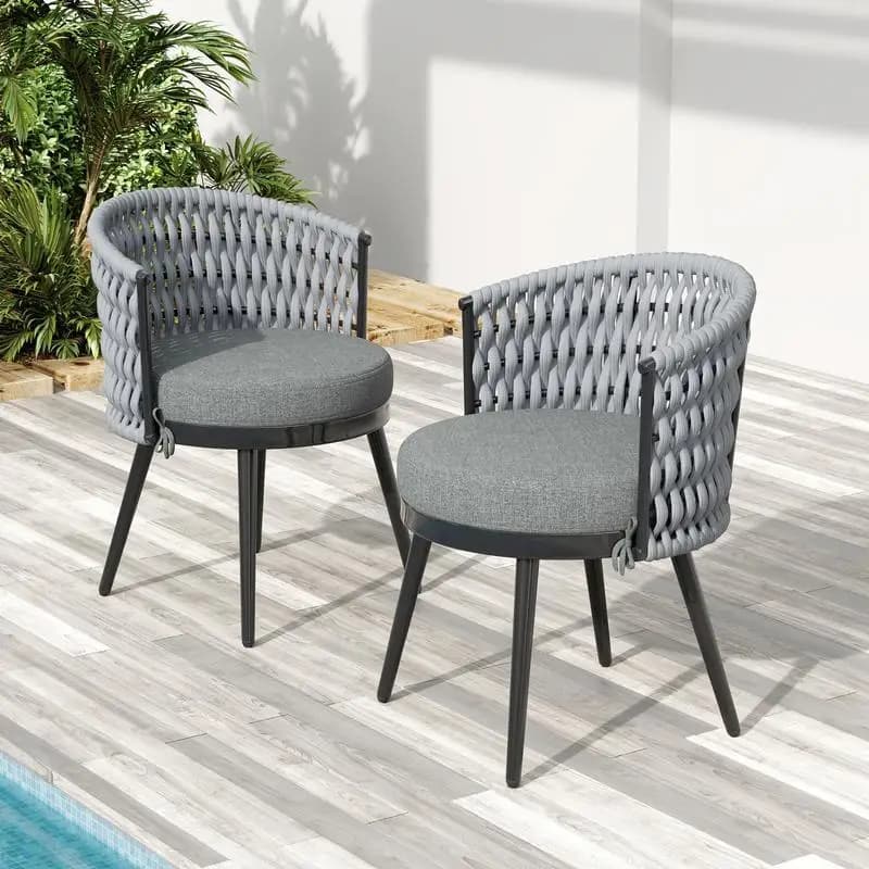Sedie da pranzo da esterno in corda metallica con cuscini grigio chiaro, mobili da giardino resistenti alle intemperie, set di 2