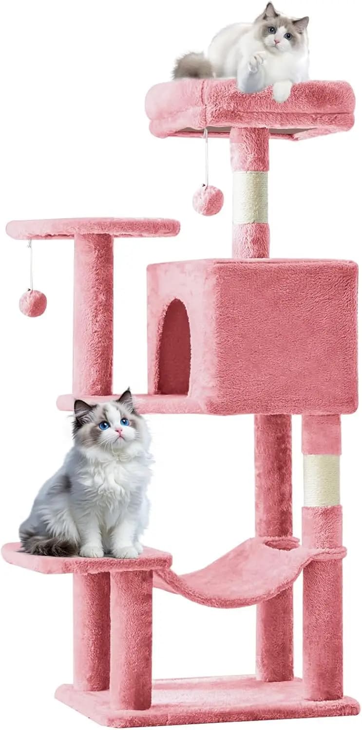 Albero per Gatti da 44 Pollici con Cuccia, Amaca e Tiragraffi in Sisal per il Gioco dei Gatti da Interno - Rosa