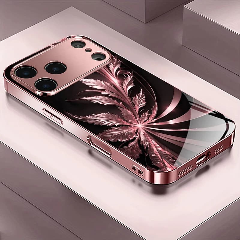 Cover per iPhone in Vetro Temperato Metallizzato con Motivo a Foglie Oro Rosa per iPhone 17 16 15 14 13 12 11 Pro Max 15 14 Plus 17 Air 17E