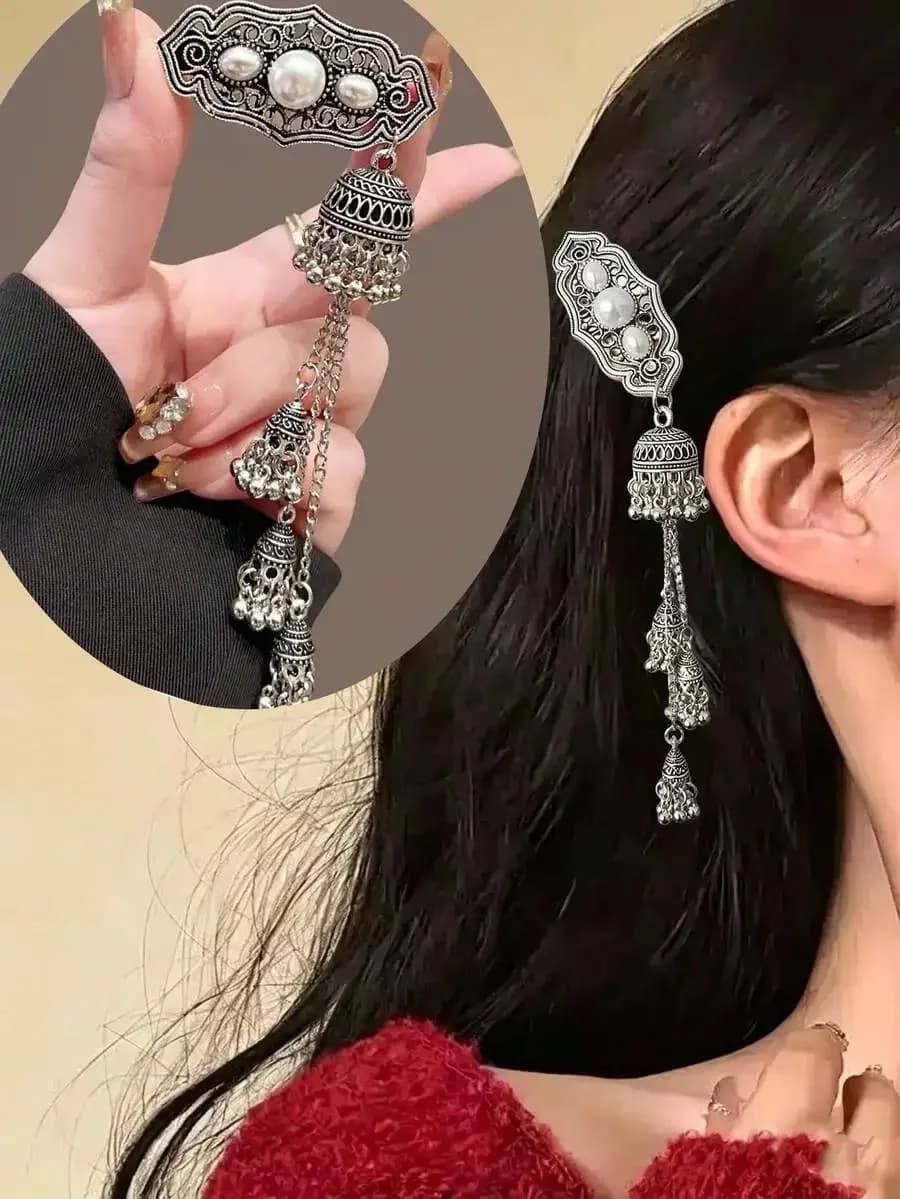 Womens Pearl Oval Tassel Bell Hair Clip Vintage Side Claw Clip Hair Accessory