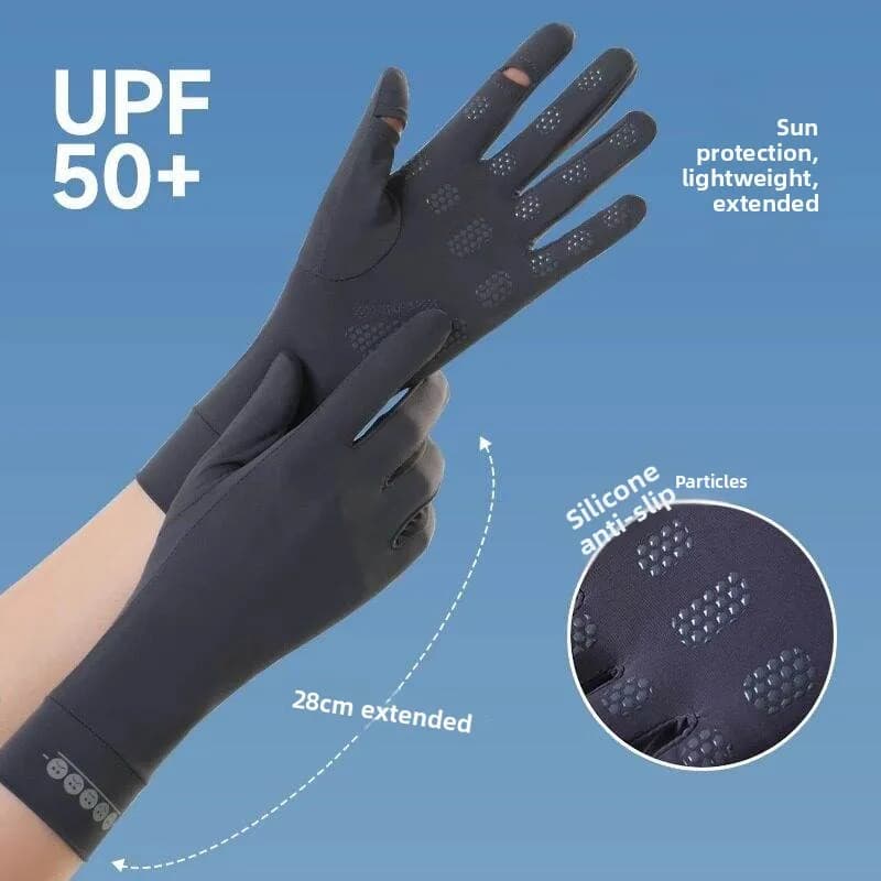 Ice silk gloves for women's sun protection, UV protection, long and thin, compatible with touchscreen, cycling and vehicle driving
