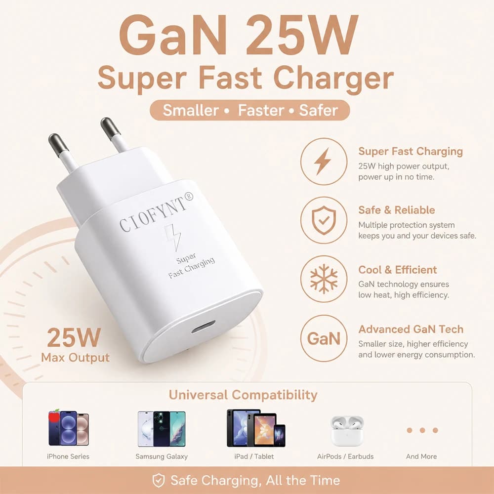 CIOFYNT Caricatore rapido USB-C GaN da 25 W, caricatore da muro PD 3.0, adattatore di alimentazione compatto con presa UE per iPhone 15 Samsung Galaxy