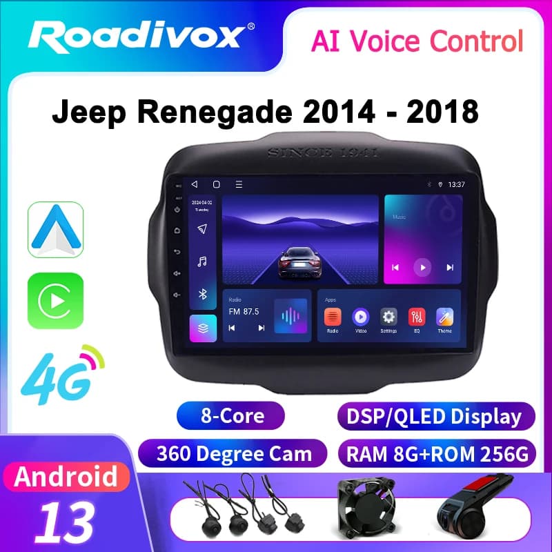Autoradio Android roadivox per Jeep Renegade 2014 - 2018 Navigazione GPS Schermo Stereo Video Lettore Multimediale Registratore Carplay