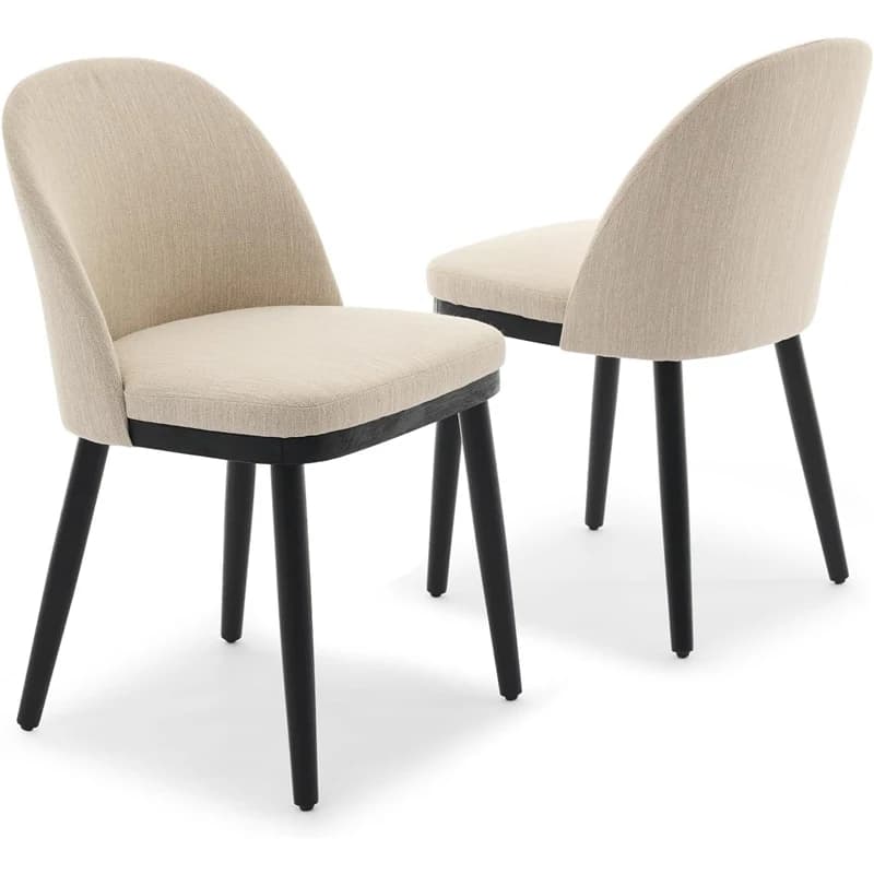 Set of 2 modern dining chairs, covered in linen, thick padded seat, curved backrest, sturdy wooden legs, decorative side chairs