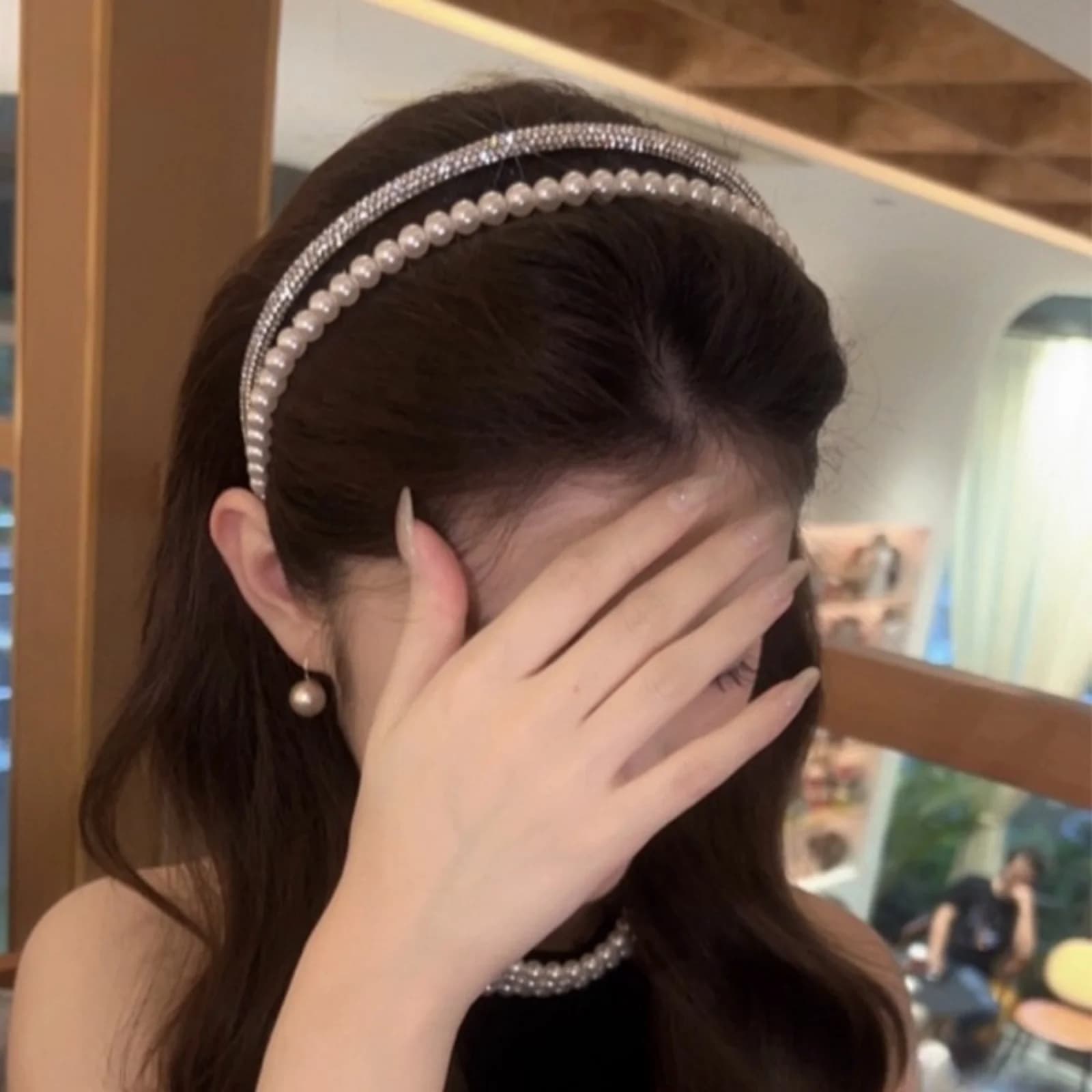 1PC Fashionable Double-Layer Imitation Pearl & Rhinestone Hair Hoop for Women - High-End Rhinestone-Inlaid, Versatile for Outing
