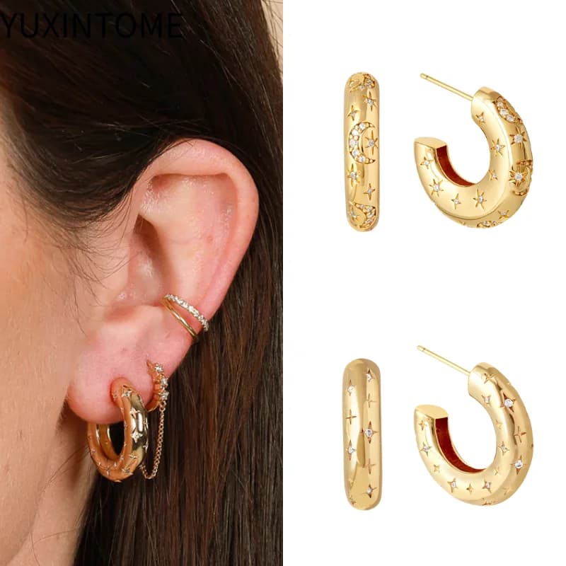 Orecchini a bottone a forma di C con ago per l'orecchio in argento Sterling 925 per le donne orecchini con Piercing a stella con zirconi bianchi Hip Hop Punk gioielli di moda