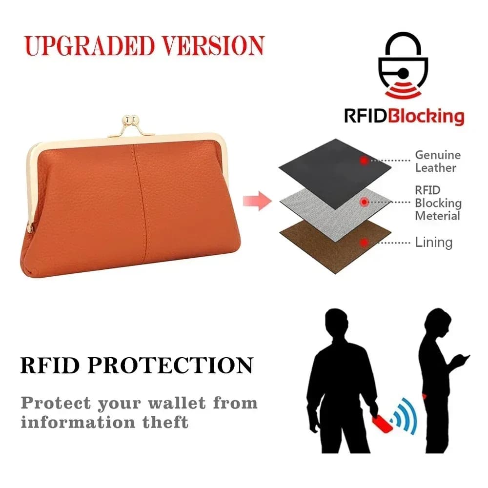 URBAN MASTER Moda RFID Kiss Lock Portafoglio Tinta unita Slot multi-carta Porta carte Pochette in vera pelle per donna 1468