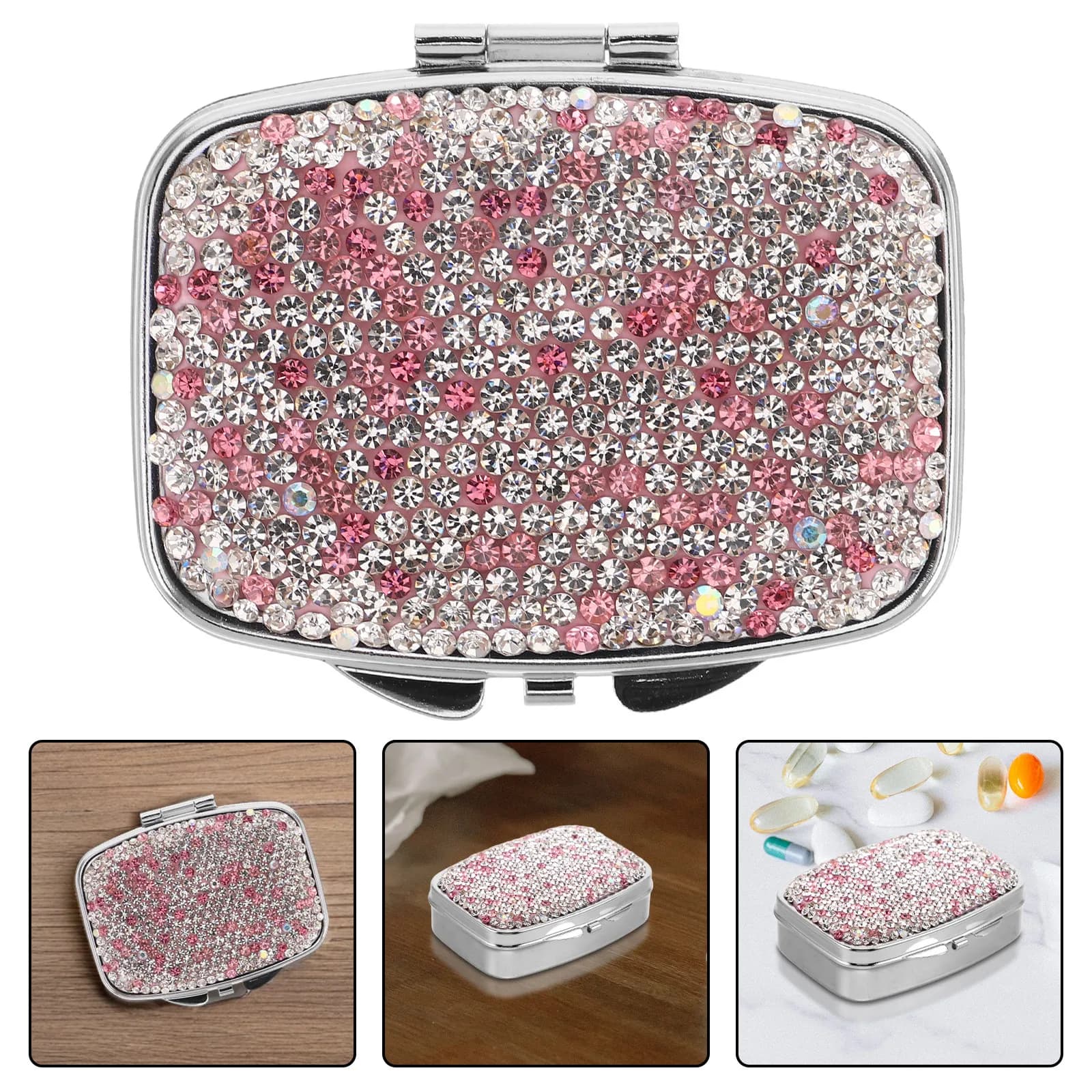 Mini Travel Medication Organizer Portable Rhinestone Compact Pill Case Daily Use Multi Compartment Vitamins Supplements