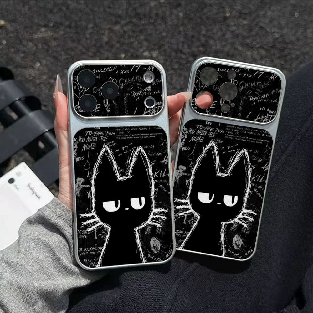 Leather Texture Phone Case For iPhone 17 Pro Max 17E 17 Air 16E 15 16 14 Pro 13 12 11 XR X XS 7 Graffiti Black Cat Letter Cover