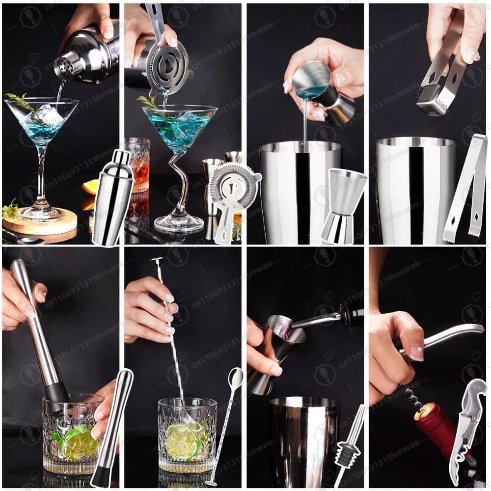 Set di Strumenti da Bar in Acciaio Inox, Kit Professionale per Barman con Shaker per Cocktail e Accessori