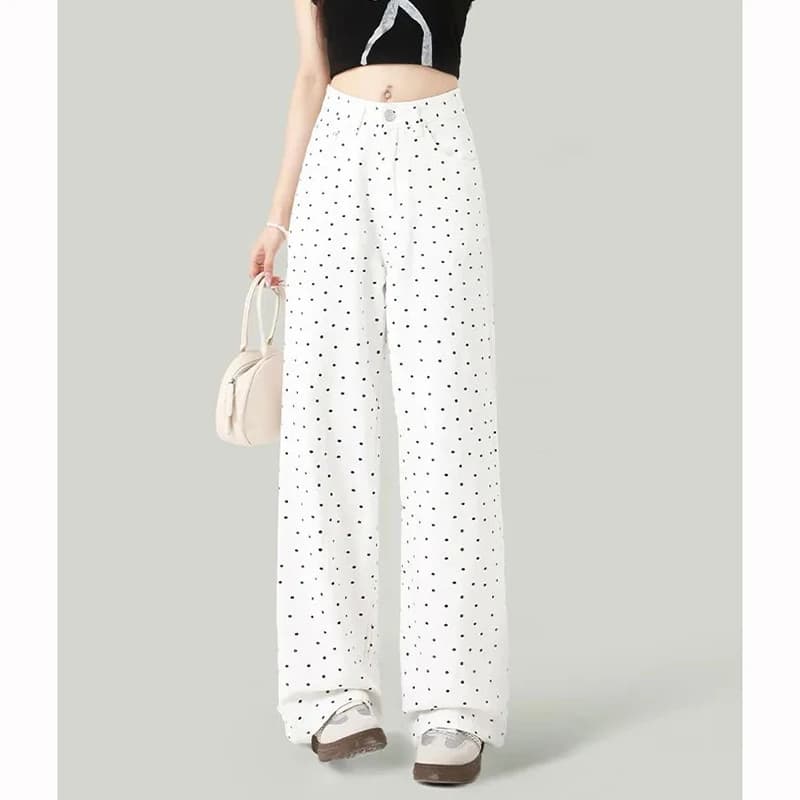 Jeans da Donna alla Moda con Design a Punti Ondulati, Pantaloni Larghi a Gamba Dritta Versatili, Jeans Casual a Vita Alta per Ragazze