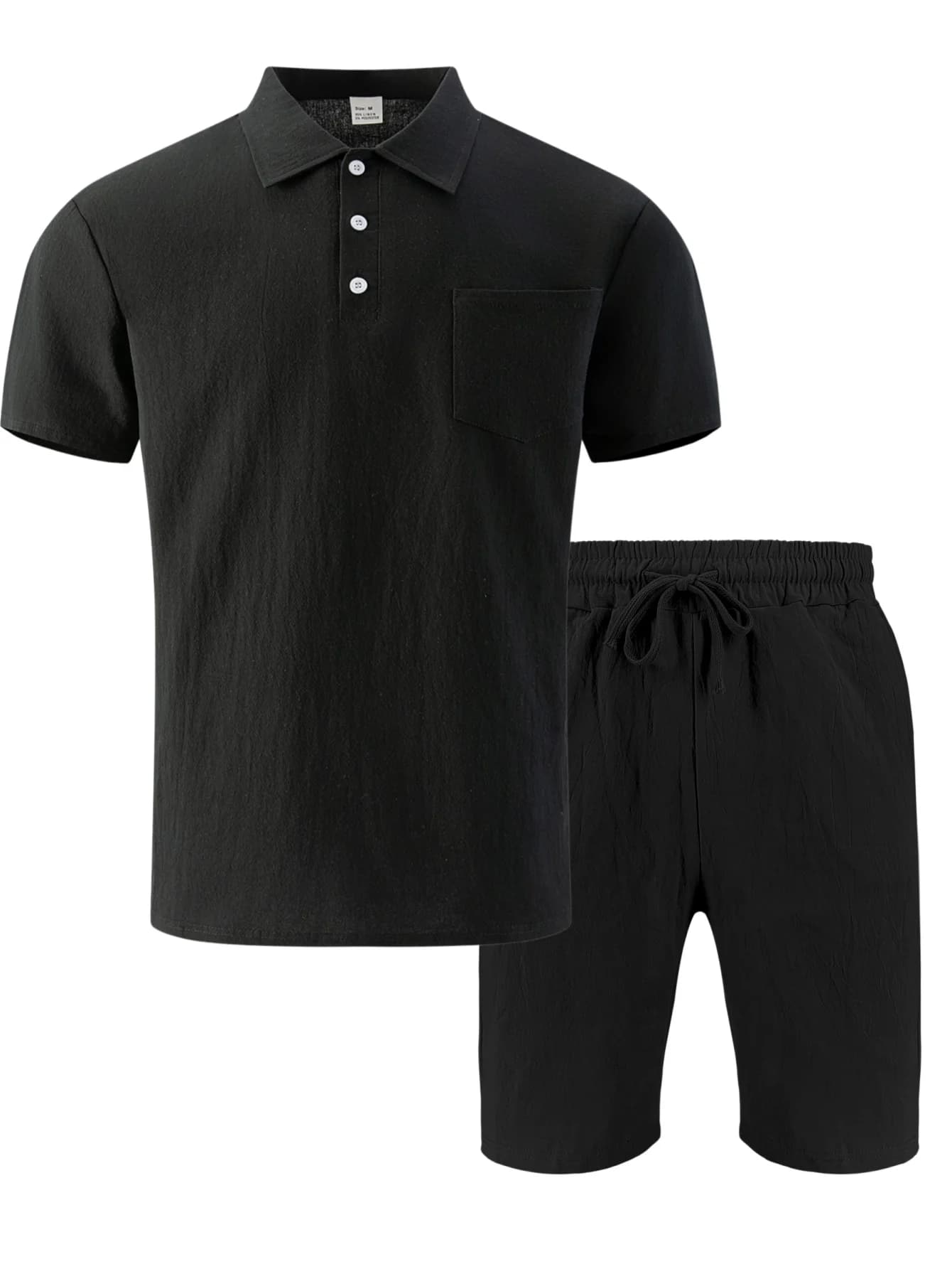 Men's Textured Linen Polo Short Sleeve & Shorts 2-Piece Set, Lightweight & Breathable, Suitable for Beach and Daily Streetwear
