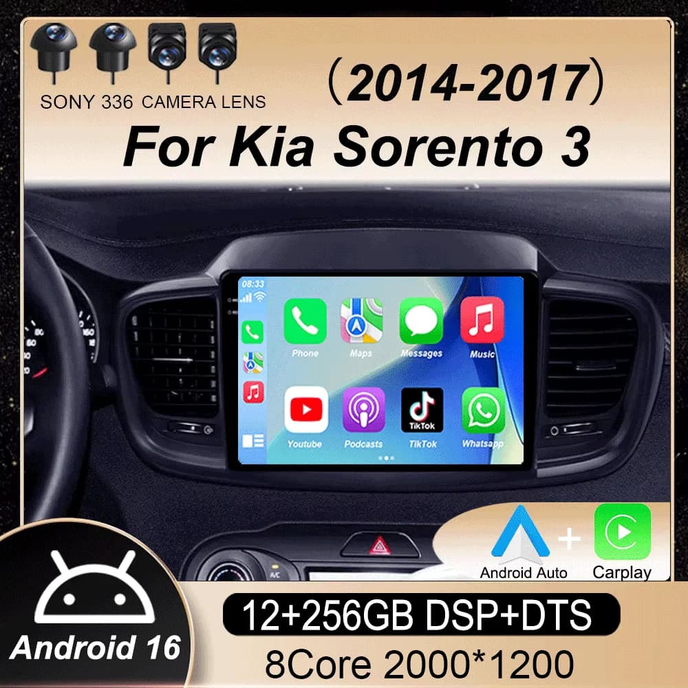 Autoradio Android 16 per Kia Sorento 3 2014-2017, Stereo GPS, Navigazione, Carplay, Multimedia, BT, Lettore Video, DSP, 2din, DVD