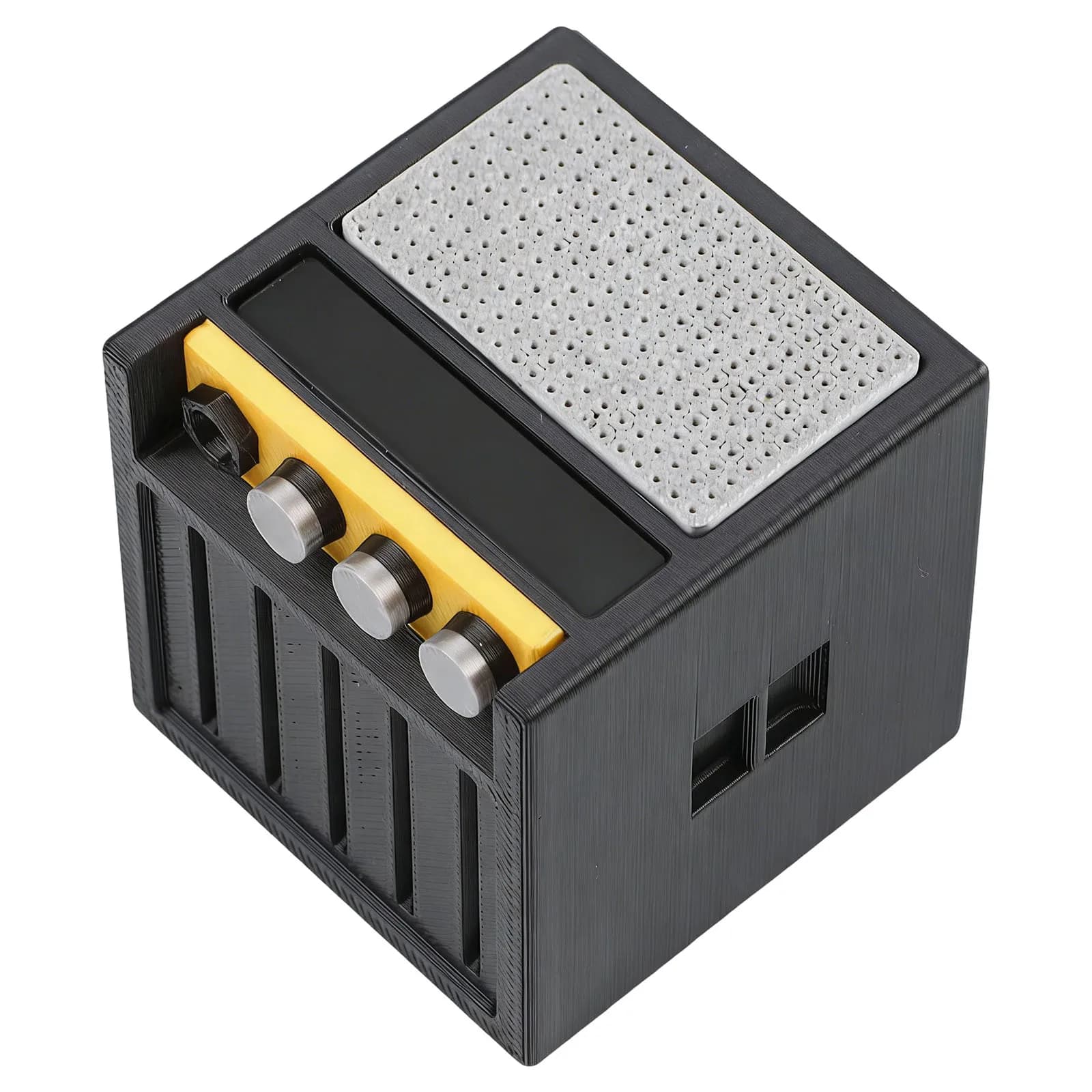 Guitar Pick Holder Box for Black Cube Shape with Mesh Texture Gold Accents Holds 6 Guitar Picks 1.69 Inch Per Side Dimension