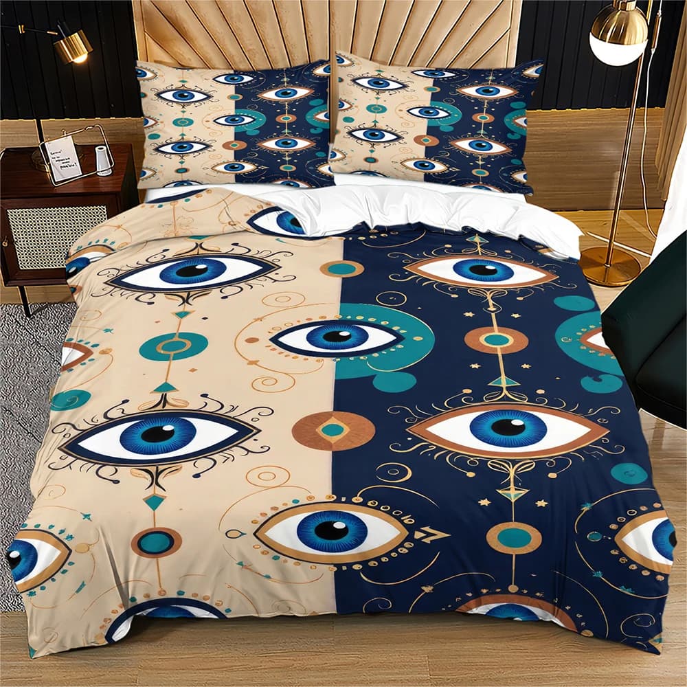 Evil Eye Duvet Cover Set Vintage Boho Mystic Bedding Set Microfiber Quilt Cover Bohemian Spiritual Eye Pattern Duvet Cover Set
